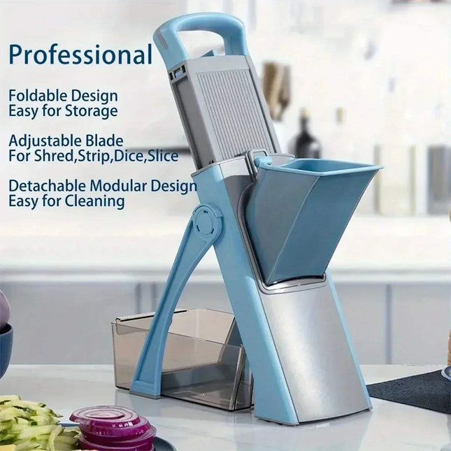 Foldable Multi-Functional Vegetable Cutter with adjustable blade on a kitchen counter