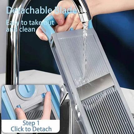Multi-Functional Vegetable Cutter being washed under running water with text indicating ease of cleaning.