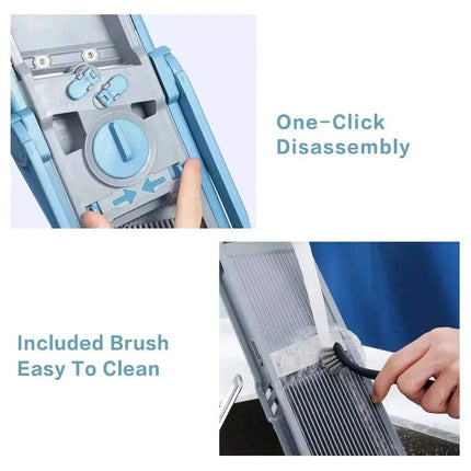 Multi-Functional Vegetable Cutter with one-click disassembly feature and included brush for cleaning.