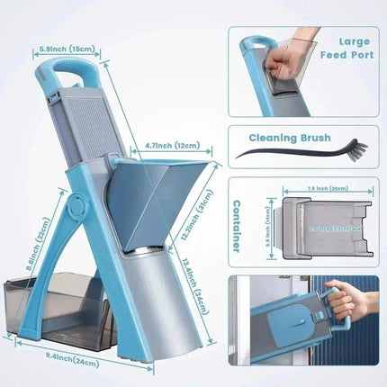 Blue and gray Multi-Functional Vegetable Cutter with measurements and features on a white background