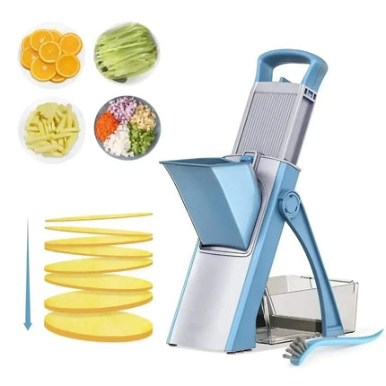 Blue and silver Multi-Functional Vegetable Cutter for Fast & Easy Food Prep with sliced vegetables displayed around it on a white background
