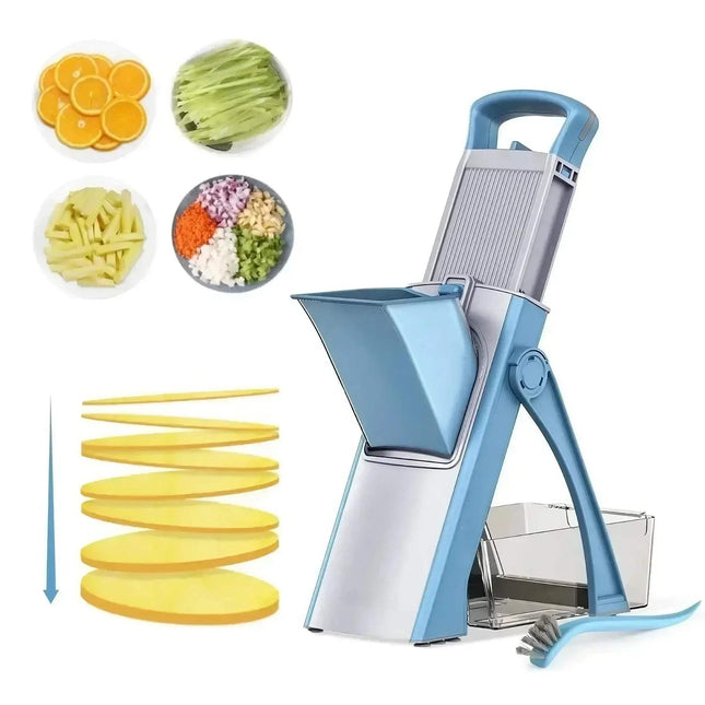 Blue and silver Multi-Functional Vegetable Cutter for Fast & Easy Food Prep with sliced vegetables displayed around it on a white background