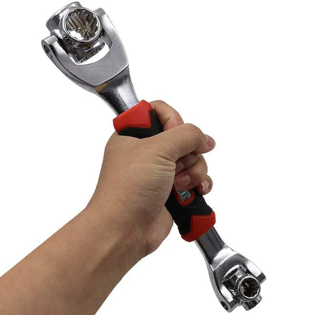 Hand holding a Multi-functional 8 in 1 Wrench with red accents on a white background
