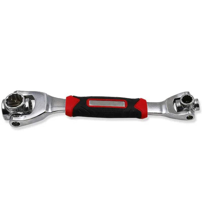 Double-ended Multi-functional 8 in 1 Wrench with red and black handle on a white background