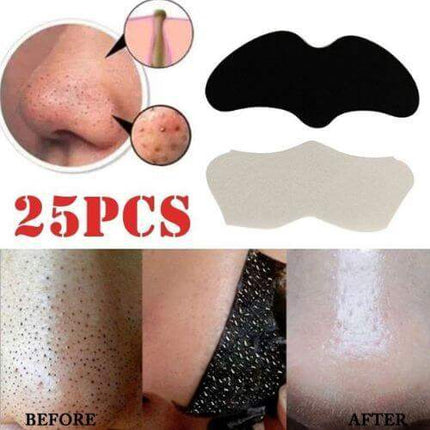 Nose Blackhead Remover Strips for Clear, Smooth Skin with '25PCS' text, showing before and after effects on skin.