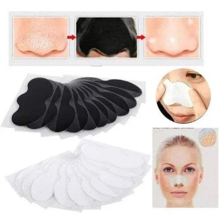Nose Blackhead Remover Strips for Clear, Smooth Skin with images showing their use on skin and hair.