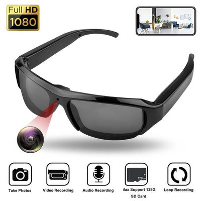 POV Camera Glasses with hidden camera and recording features on a white background