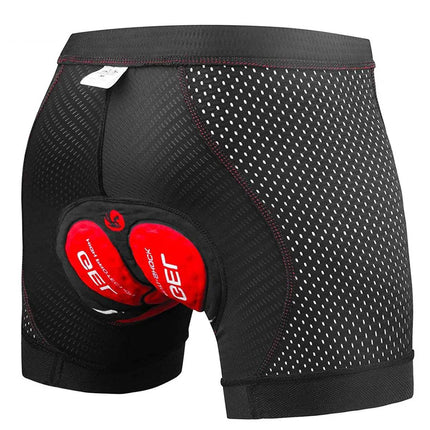 Black Padded Gel Cycling Underwear for Long-Ride Comfort with red padding on a white background