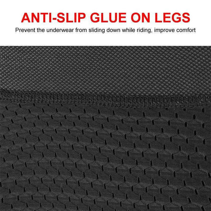 Padded Gel Cycling Underwear Text on black textured background with anti-slip glue feature description