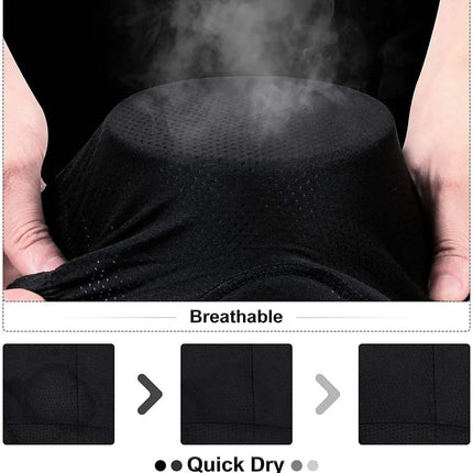 Padded Gel Cycling Underwear being held with steam rising, labeled 'Breathable' and 'Quick Dry'.