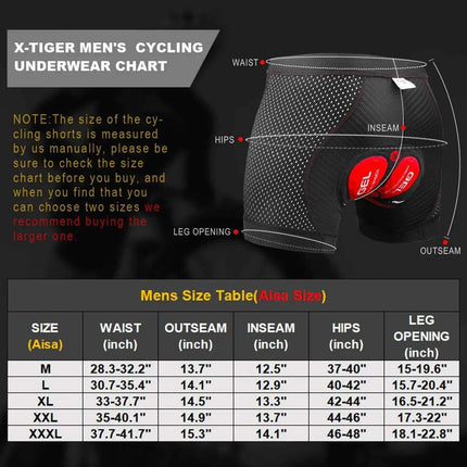 X-Tiger men's Padded Gel Cycling Underwear chart with size guide on a dark background