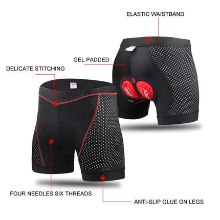 Black Padded Gel Cycling Underwear with red accents and feature labels on a white background