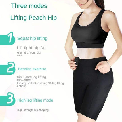 Woman wearing a black Pelvic Floor Trainer EMS Shorts with text on modes of use on a white background