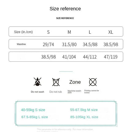 Size reference chart for Pelvic Floor Trainer EMS Shorts with measurements and care instructions.