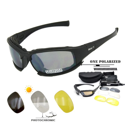 Photochromic Tactical Polarized Sunglasses black with interchangeable lenses and case on a white background
