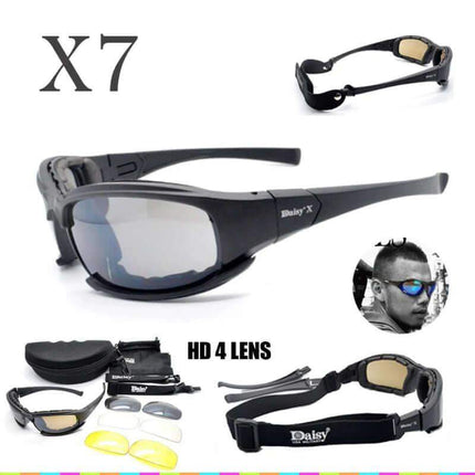 Photochromic Tactical Polarized Sunglasses black with interchangeable lenses and accessories on a white background