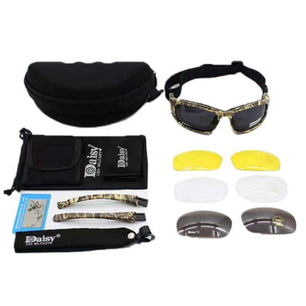 Photochromic Tactical Polarized Sunglasses with interchangeable lenses and carrying case on a white background