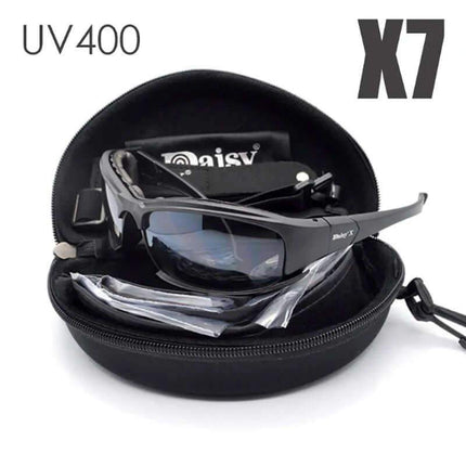 Photochromic Tactical Polarized Sunglasses black with UV400 label and 'X7' model number in a black case on a white background.
