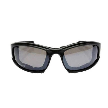 Photochromic Tactical Polarized Sunglasses black with reflective lenses on a white background