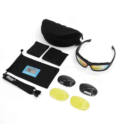 Photochromic Tactical Polarized Sunglasses with interchangeable lenses and carrying case on a white background