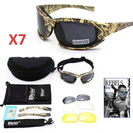 Photochromic Tactical Polarized Sunglasses Camouflage with additional lenses and case on a white background