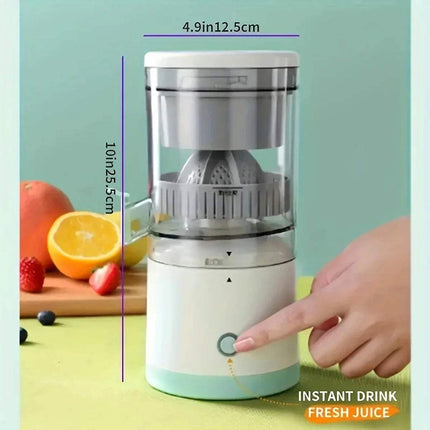 Portable Electric Juicer with dimensions and fruits on a green background