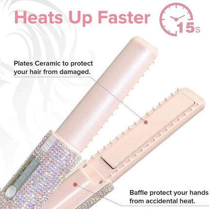 Pink Portable Hair Straightener  with rhinestone accents on a white background, highlighting features like quick heating time and ceramic plates.