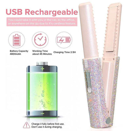 USB rechargeable Portable Hair Straightener  with rhinestone design on a white background