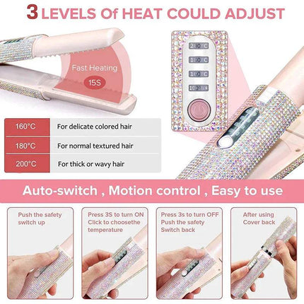 Portable Hair Straightener  with temperature control display and usage instructions on a white background