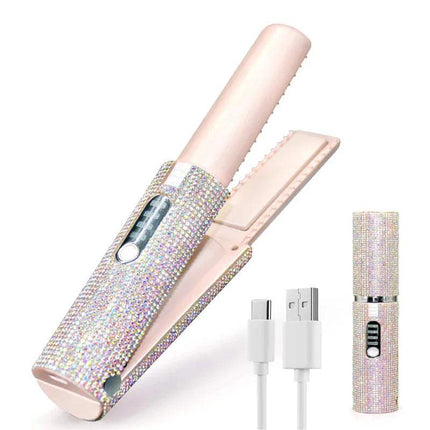 Portable Hair Straightener With Rhinestones embellishments and USB cable on a white background
