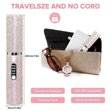 Blush pink Portable Hair Straightener With Rhinestones accents, shown next to a clutch bag with sunglasses and a watch, on a white background.