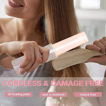 Person using a Portable Hair Straightener With Rhinestones on their hair with text highlighting features.