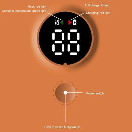 Portable Infant Bottle Warmer Digital display with temperature and charging indicators on an orange background