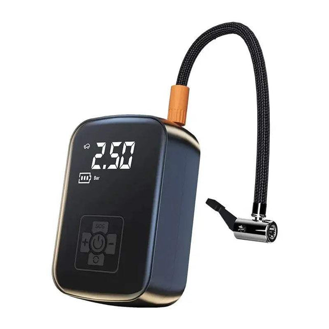 Black Portable Tire Inflation Pump with digital display and hose on a white background