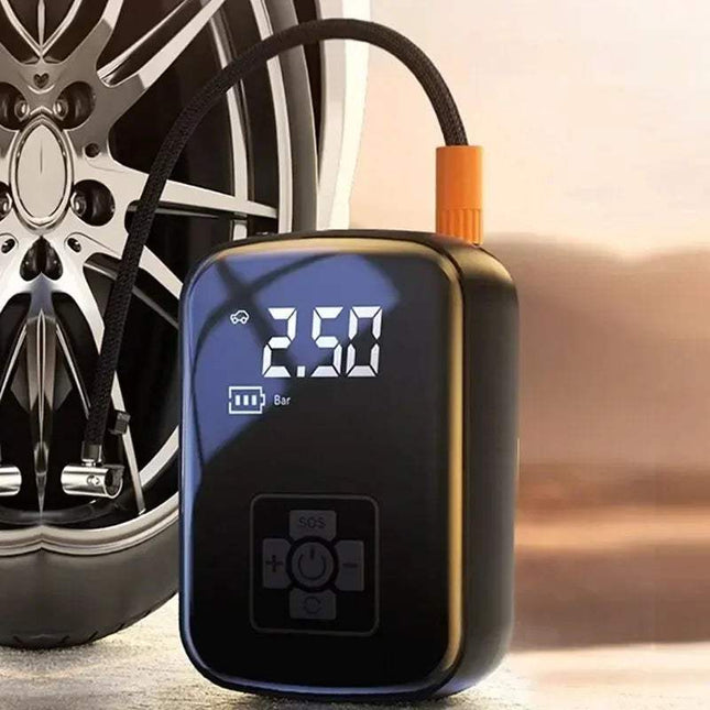 Digital Portable Tire Inflation Pump with tire充气接口 on a blurred background