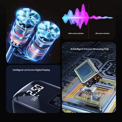 Portable Tire Inflation Pump Collage of electronic components and technology features with a focus on pressure measurement and noise reduction.