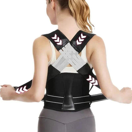 Person wearing a black Posture Corrector for Back, Neck & Shoulder Alignment Support on a white background