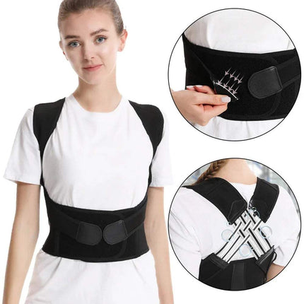 Person wearing a black Posture Corrector with close-up insets on a white background