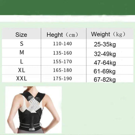 Posture Corrector with size chart indicating height and weight ranges.