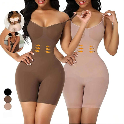 Two women wearing Shapewear Bodysuit for a Sleek & Sculpted Silhouette with visible waistline enhancement arrows on a white background.