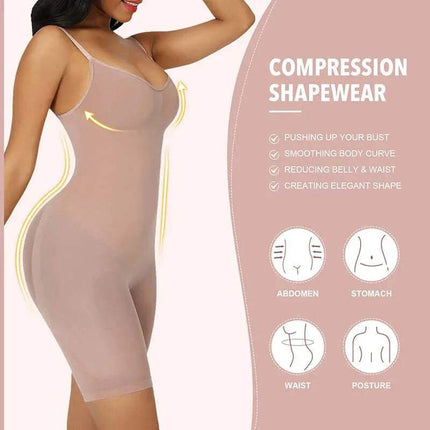 Compression  Shapewear Bodysuit with a model wearing it and text detailing its benefits on a pink background.