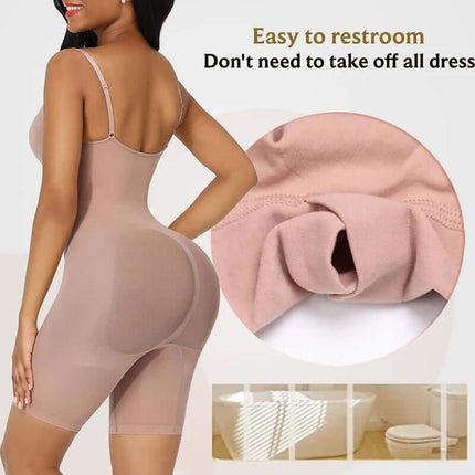 Woman wearing a beige  Shapewear Bodysuit with text indicating ease of use and comfort.
