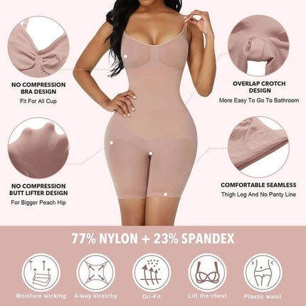 Woman wearing a  Shapewear Bodysuit with features highlighted on a beige background