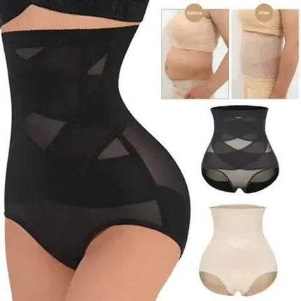 Black Shapewear for Women Tummy Control High-Waist Shaper with before and after insets on a white background