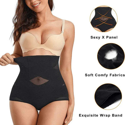 Woman wearing a Shapewear for Women Tummy Control High-Waist Shaper with features highlighted on a white background