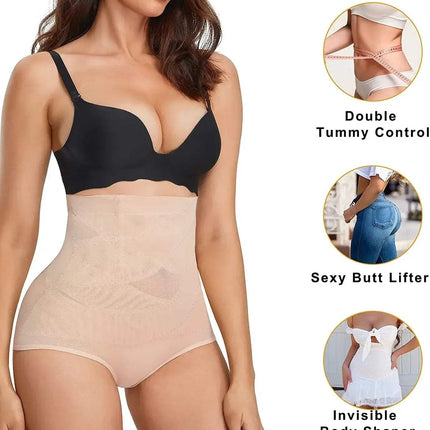 Woman wearing a black bra and Shapewear for Women Tummy Control High-Waist Shaper with inset images highlighting features.