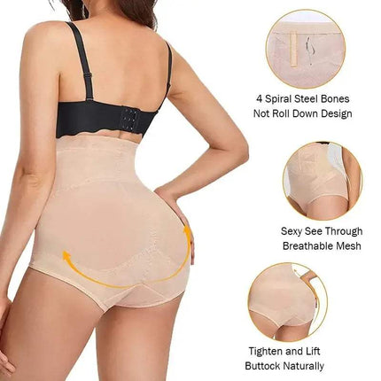 Woman wearing a beige Shapewear for Women Tummy Control High-Waist Shaper with text highlighting features on a white background