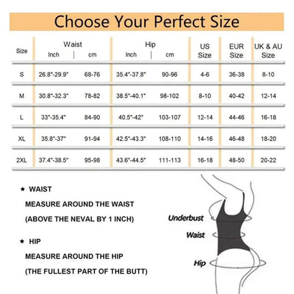 Size chart for Shapewear for Women Tummy Control, detailing waist and hip measurements for each size option.