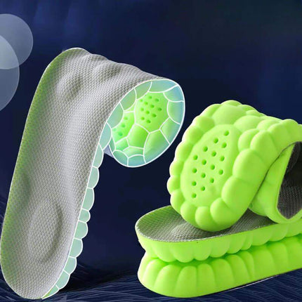 Shock Absorbing Shoe Inserts Green shoe insole with detailed texture on a dark blue background