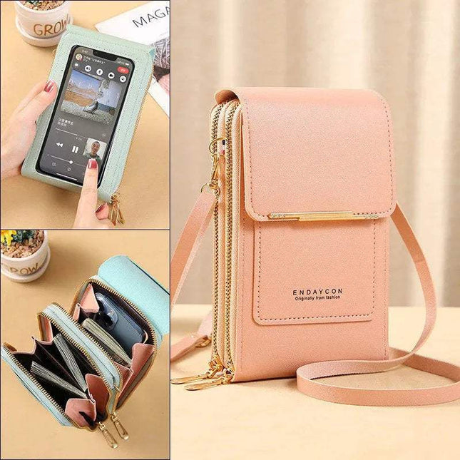Collage of a pink Small Bag for Females with Transparent Touch Screen Area with a strap, a light blue phone case, and a hand holding a phone.